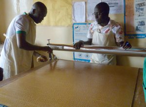 Mukasa (à droite) donne des instructions sur la fabrication du CooKit à Seydou Coulibaly, directeur du projet de Togo Tilé au Mali.